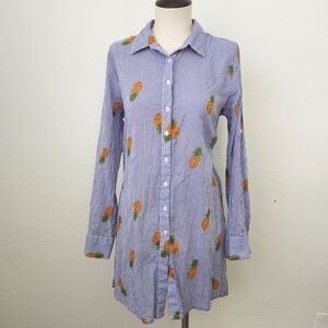 Violet Sky Blue Striped Pineapple  Print Tunic  Medium